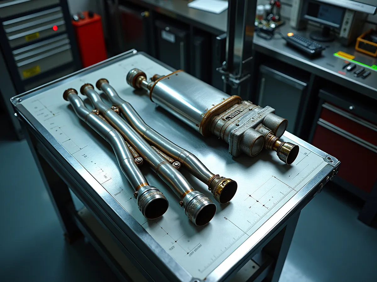 A dyno bench with tubular headers, a chambered muffler and a tuner module laid out for a build