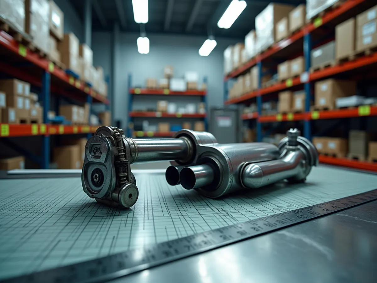 A warehouse rack holding rows of stainless exhaust systems and mufflers in a cool-lit parts store
