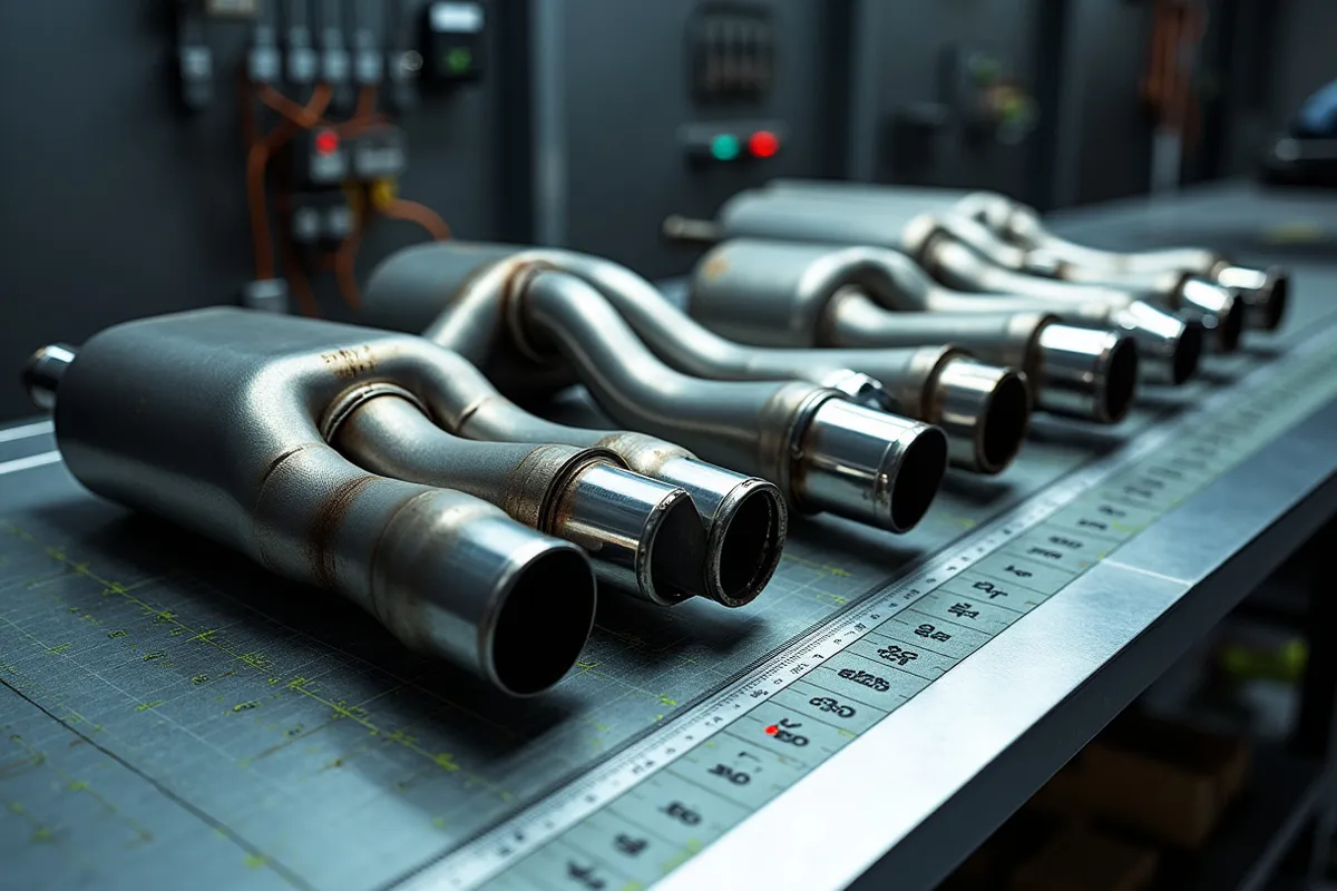 Several different stainless exhaust systems and mufflers lined up along a cool steel bench with a measuring tape