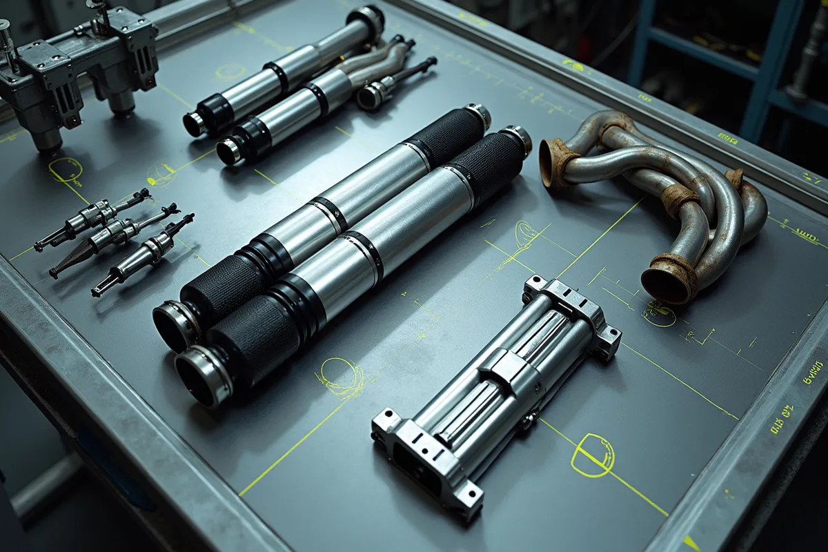 A spread of 4x4 parts — shock absorbers, a skid plate, headers and an exhaust section — on a cool steel bench