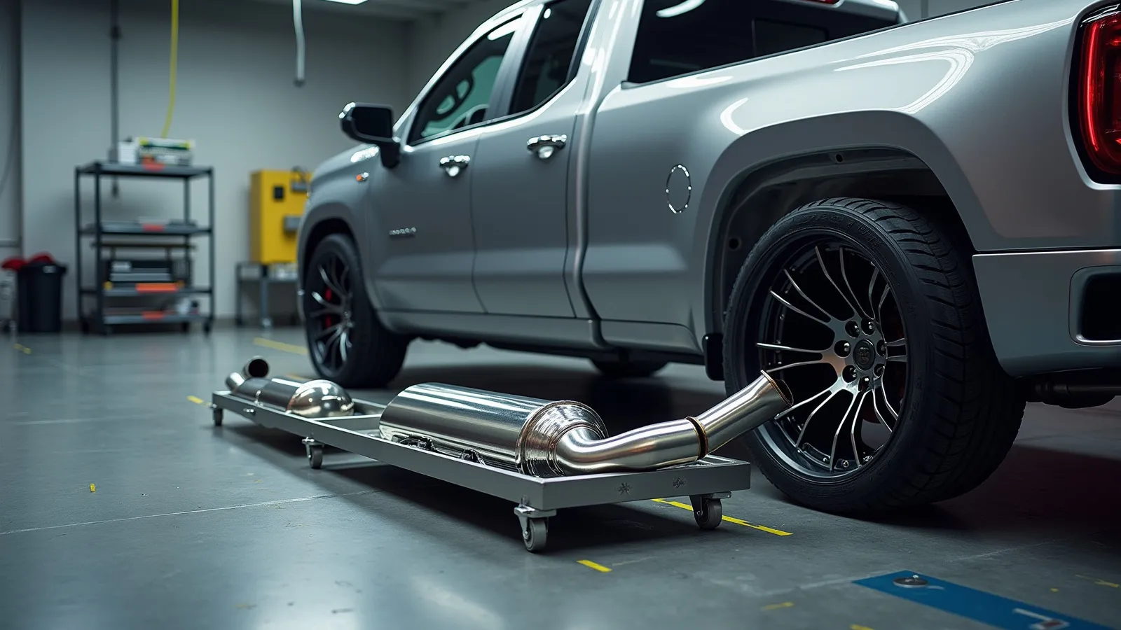 A stainless exhaust tailpipe and pickup rear wheel on a steel dyno bench with tubular headers staged beside them in a cool dyno cell
