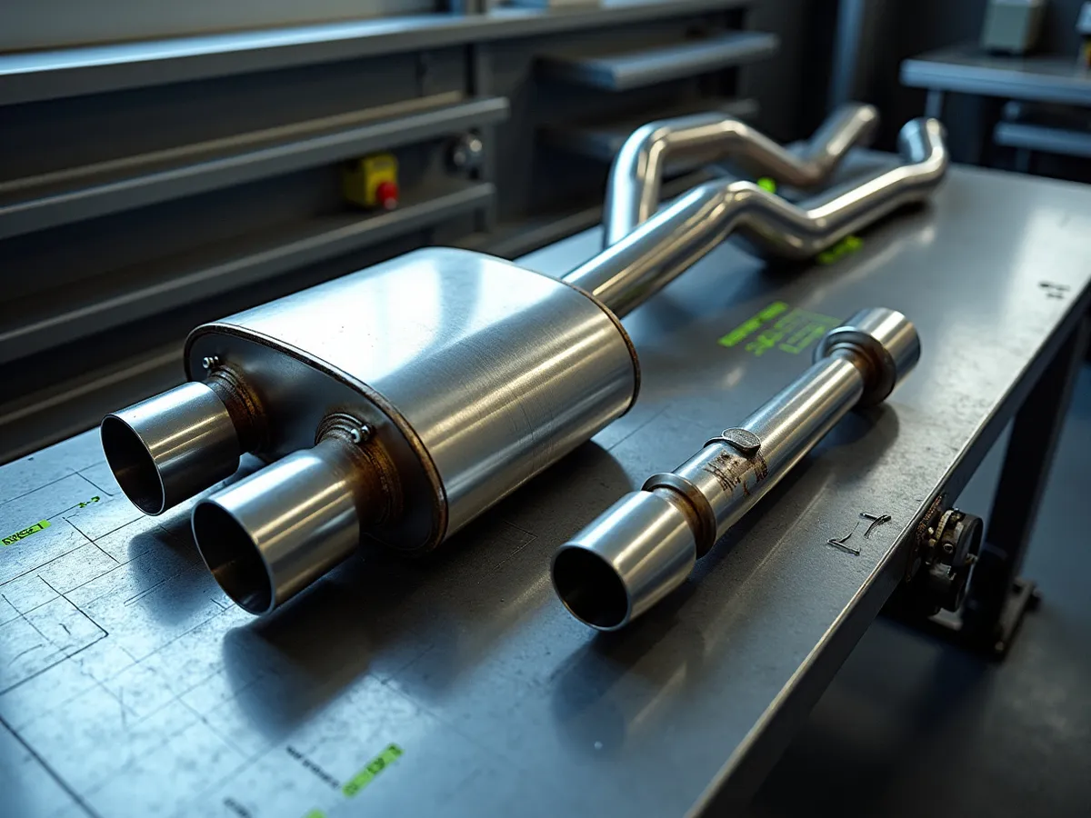 A complete stainless cat-back exhaust system with mufflers and tips laid out along a cool steel dyno bench
