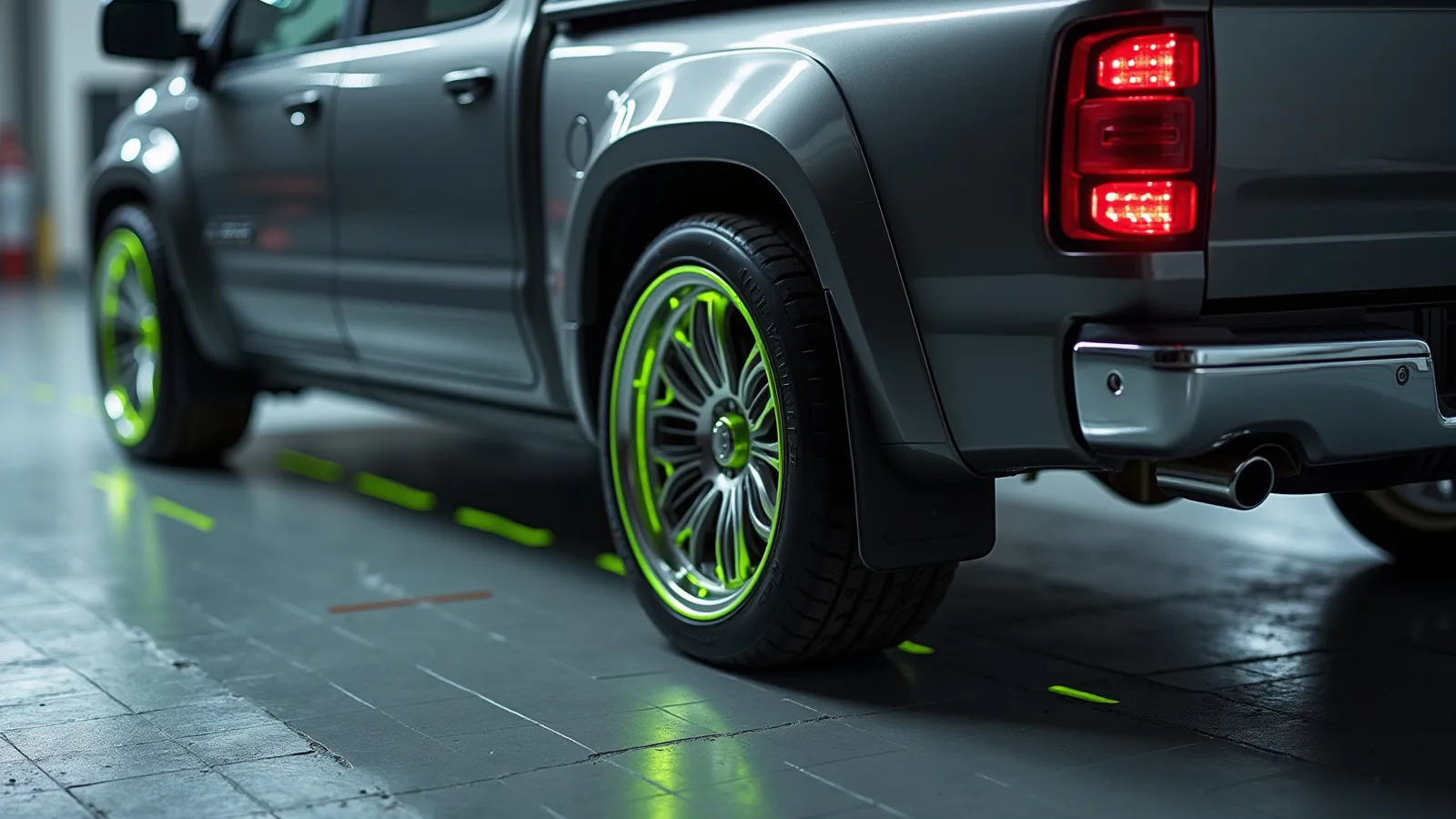 A stainless cat-back exhaust tip with a side exit behind the rear wheel of a mid-size pickup in a cool dyno cell