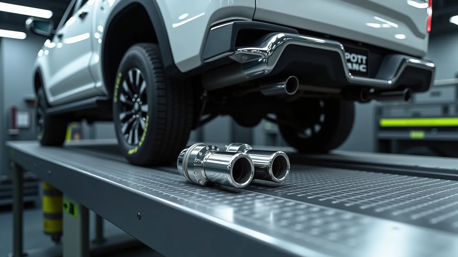 A dual stainless exhaust and polished tailpipe under the rear of a full-size pickup on dyno rollers