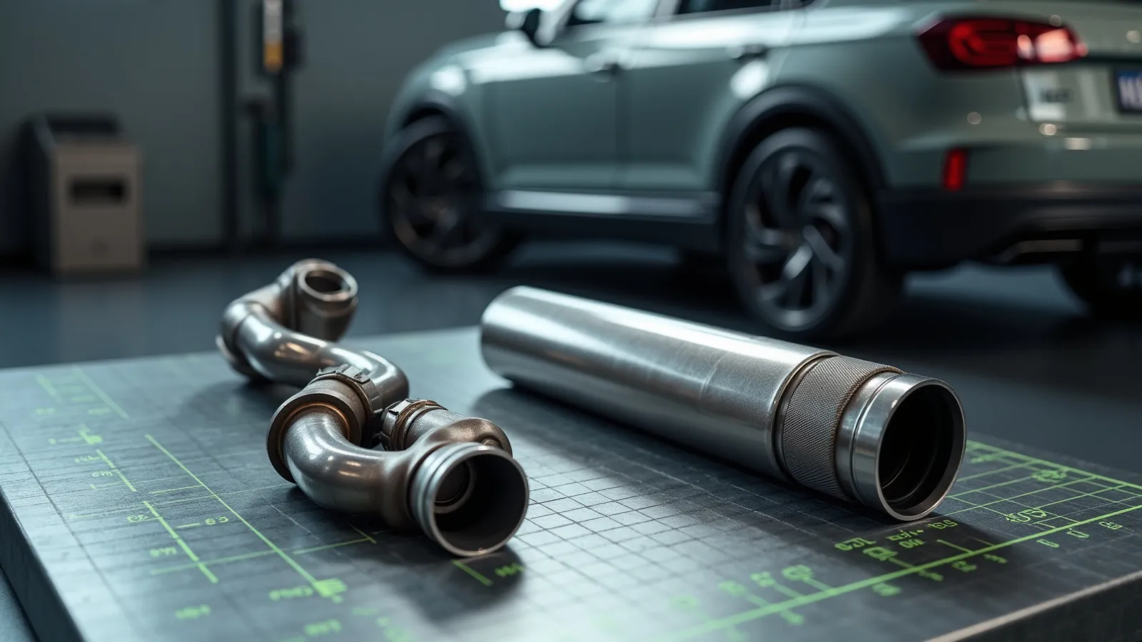 A stainless cat-back exhaust and aluminum turbo intake pipe staged on a cool steel bench beside a compact 4x4