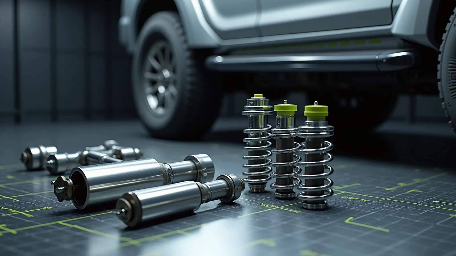 A stainless exhaust and performance shocks staged on a steel dyno bench beside a 4x4 rear wheel arch
