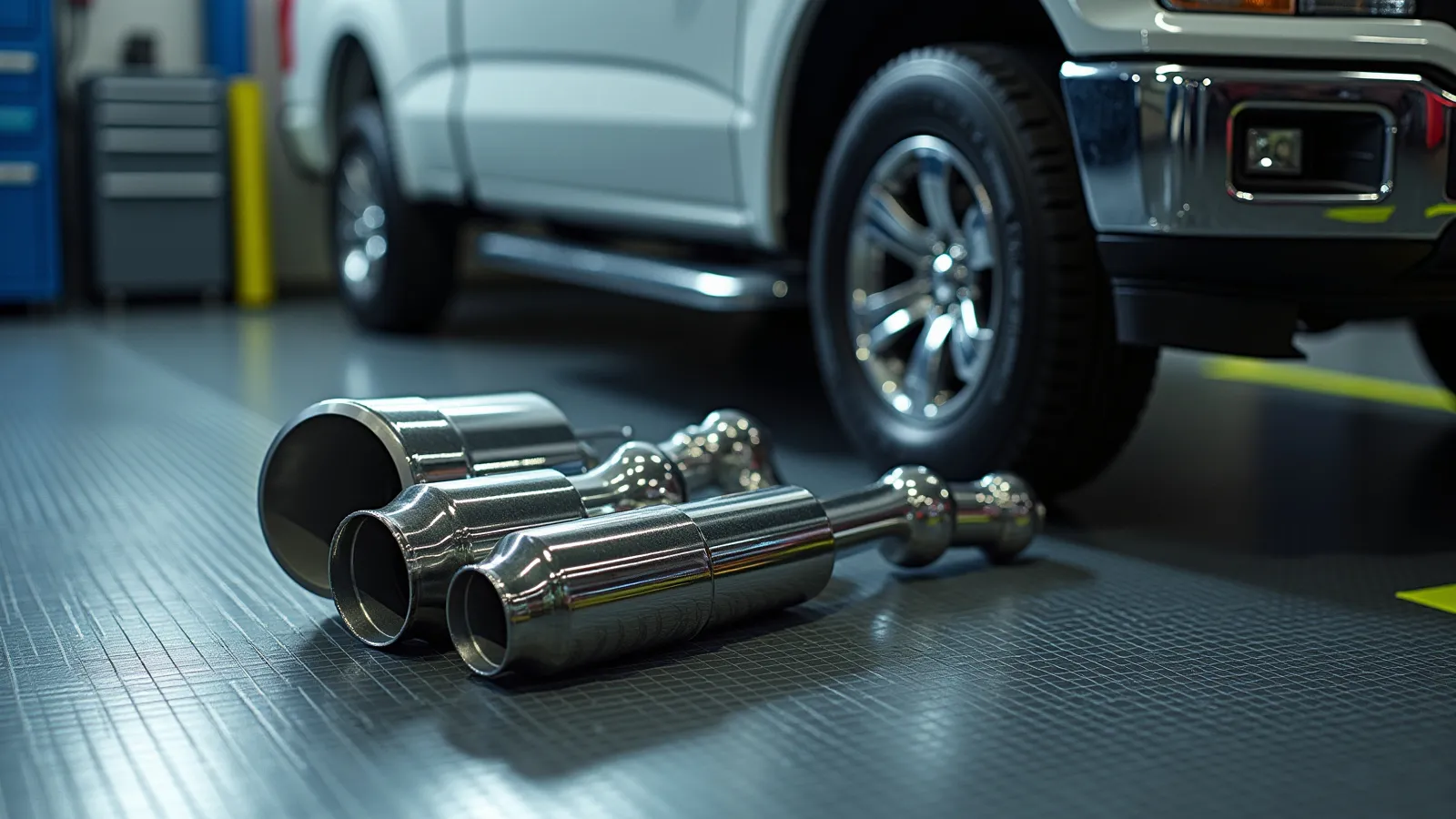 A stainless cat-back exhaust exiting behind the rear wheel of a full-size pickup on dyno rollers