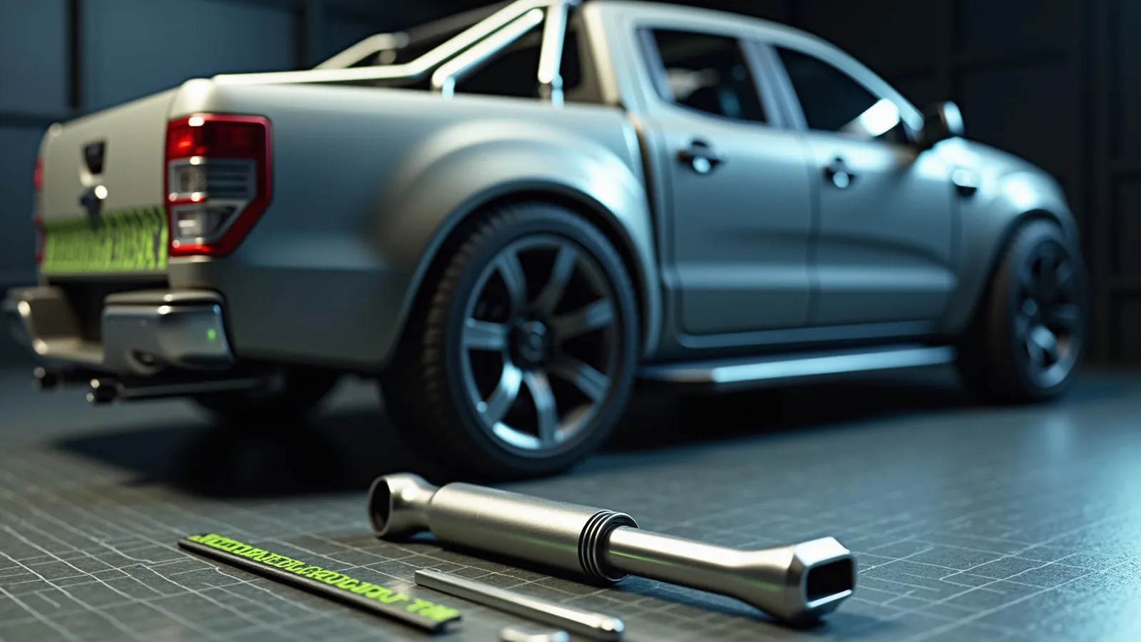 A stainless exhaust tip and turbo charge pipe staged on a cool steel bench beside a compact pickup rear wheel