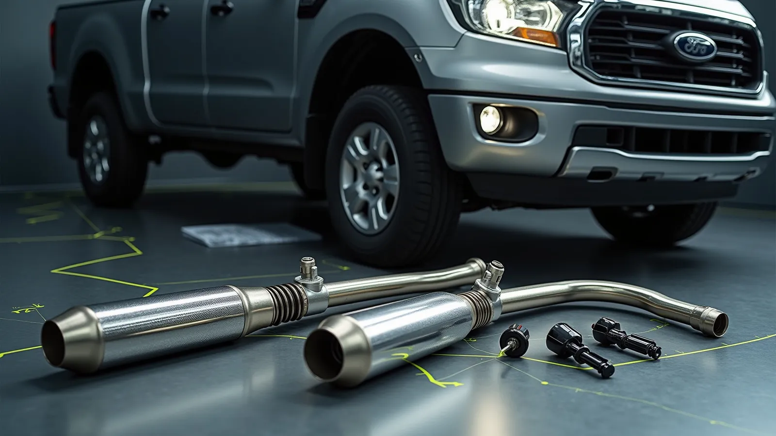 A stainless exhaust and off-road shocks staged on a cool dyno bench behind a mid-size pickup rear wheel