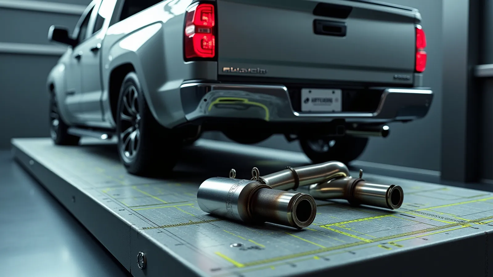 A dual stainless exhaust and performance headers staged under a mid-size pickup rear in a cool dyno cell