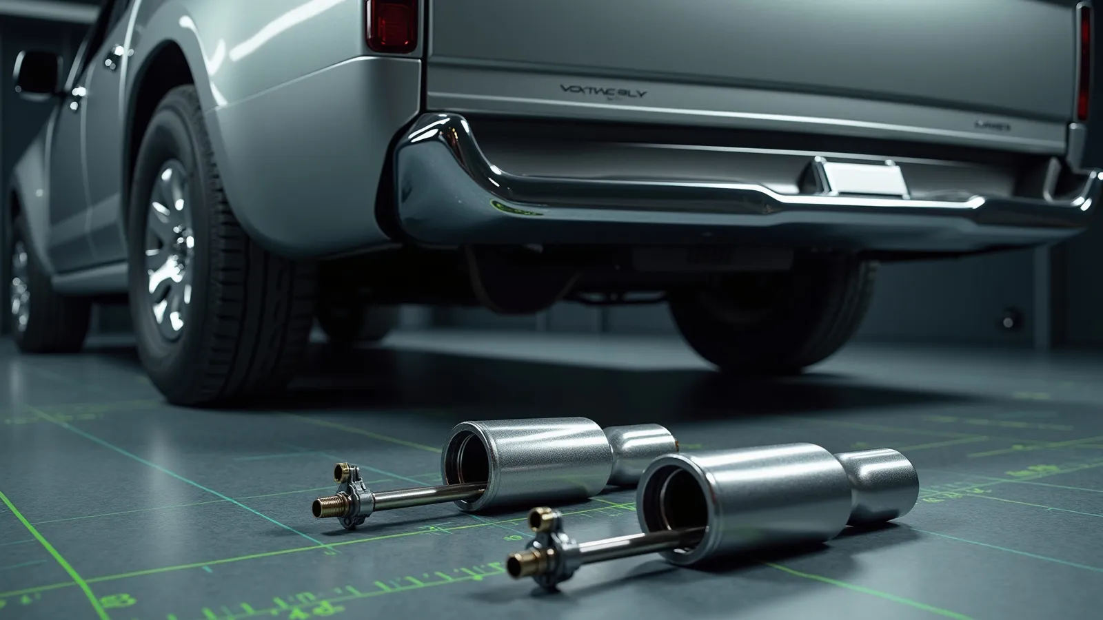 A stainless dual exhaust and polished tip under the rear of a full-size pickup on dyno rollers
