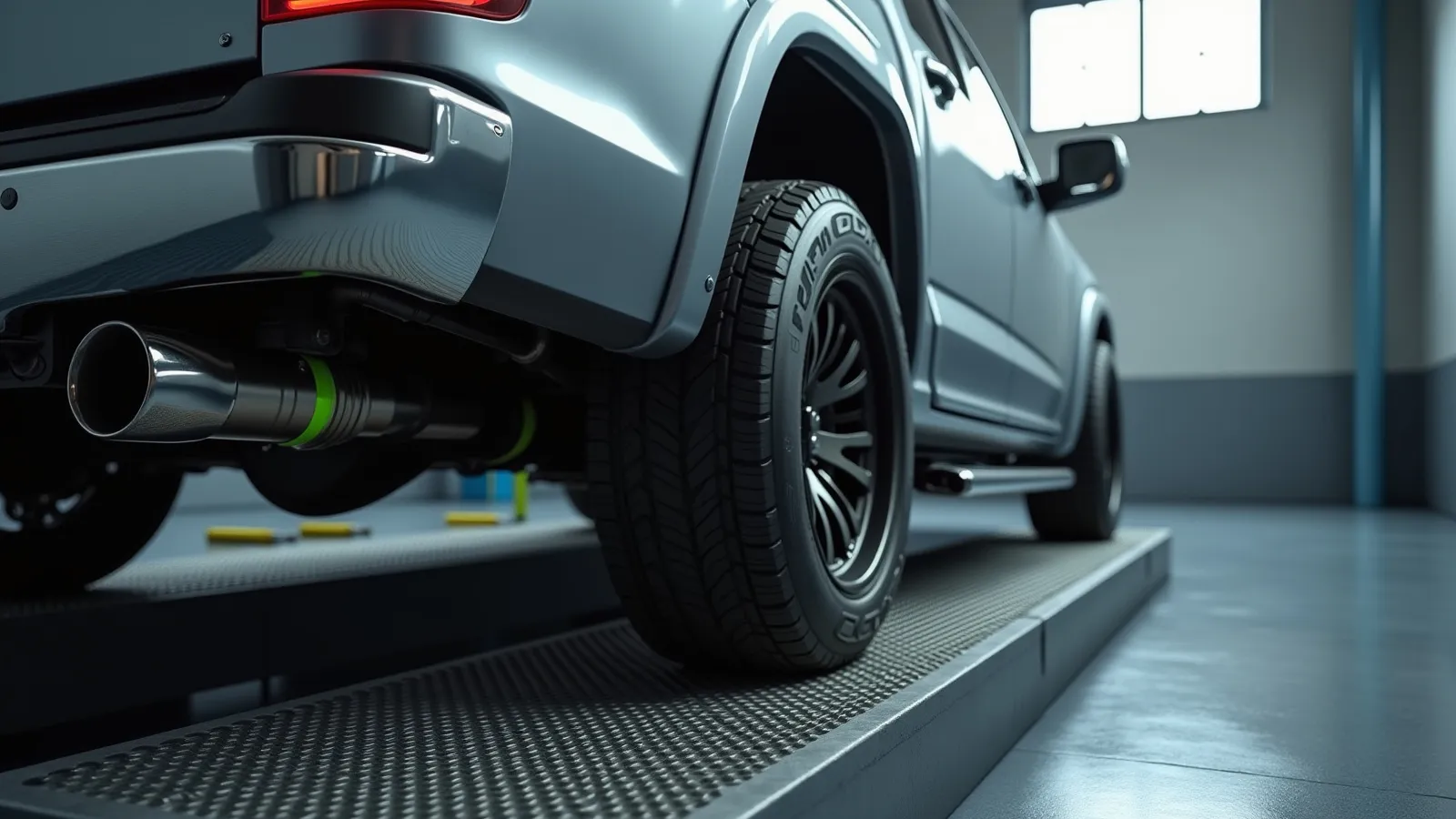 A stainless exhaust exiting below the rear bumper of a unibody pickup on a cool steel dyno bench