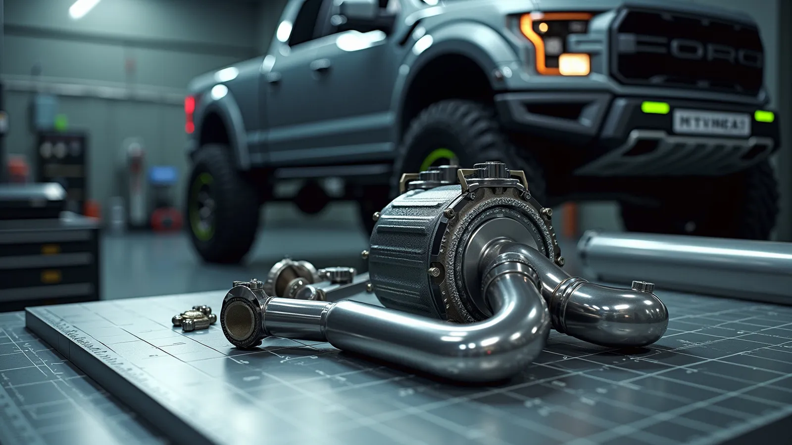 A stainless exhaust and high-clearance skid plate under a pickup rear in a cool dyno cell