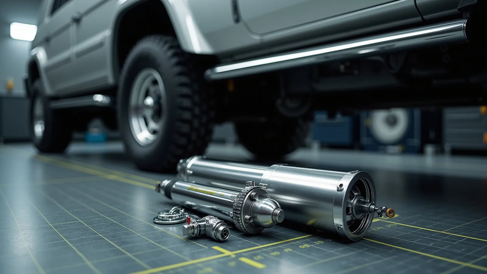 A stainless exhaust and performance reservoir shocks staged on a cool bench beside a 4x4 rear wheel