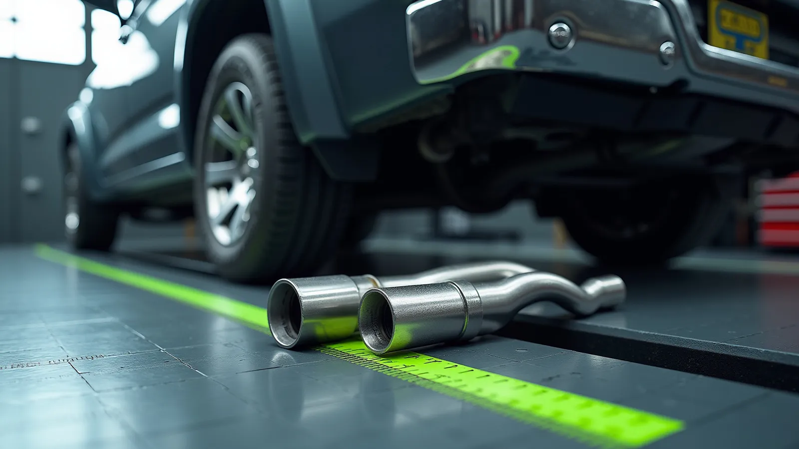 A stainless cat-back exhaust and tubular header staged on a cool steel bench behind a mid-size pickup rear wheel