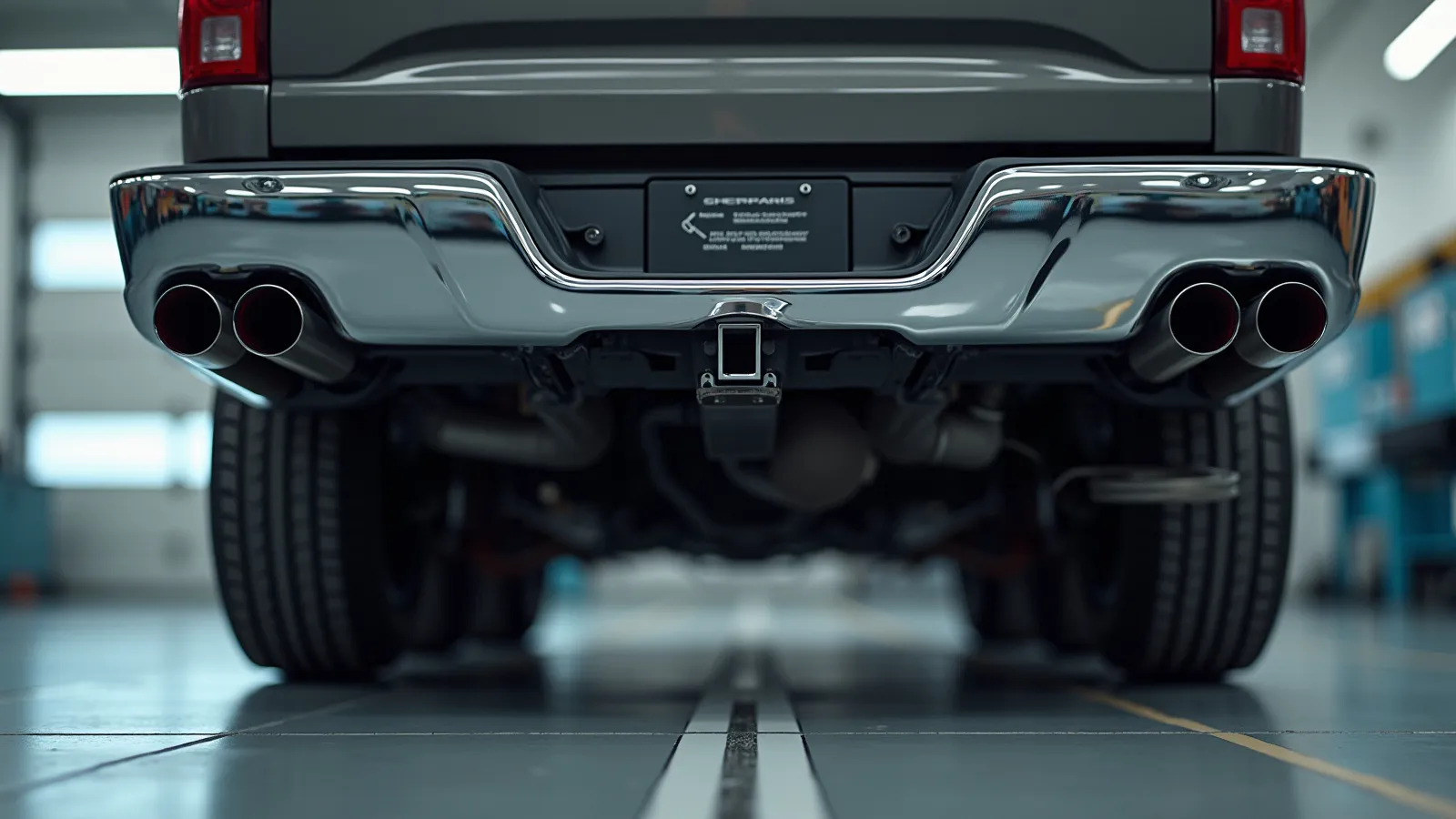 A stainless dual exhaust and polished tip under the rear of a full-size pickup on cool steel dyno rollers in a slate-gray dyno cell