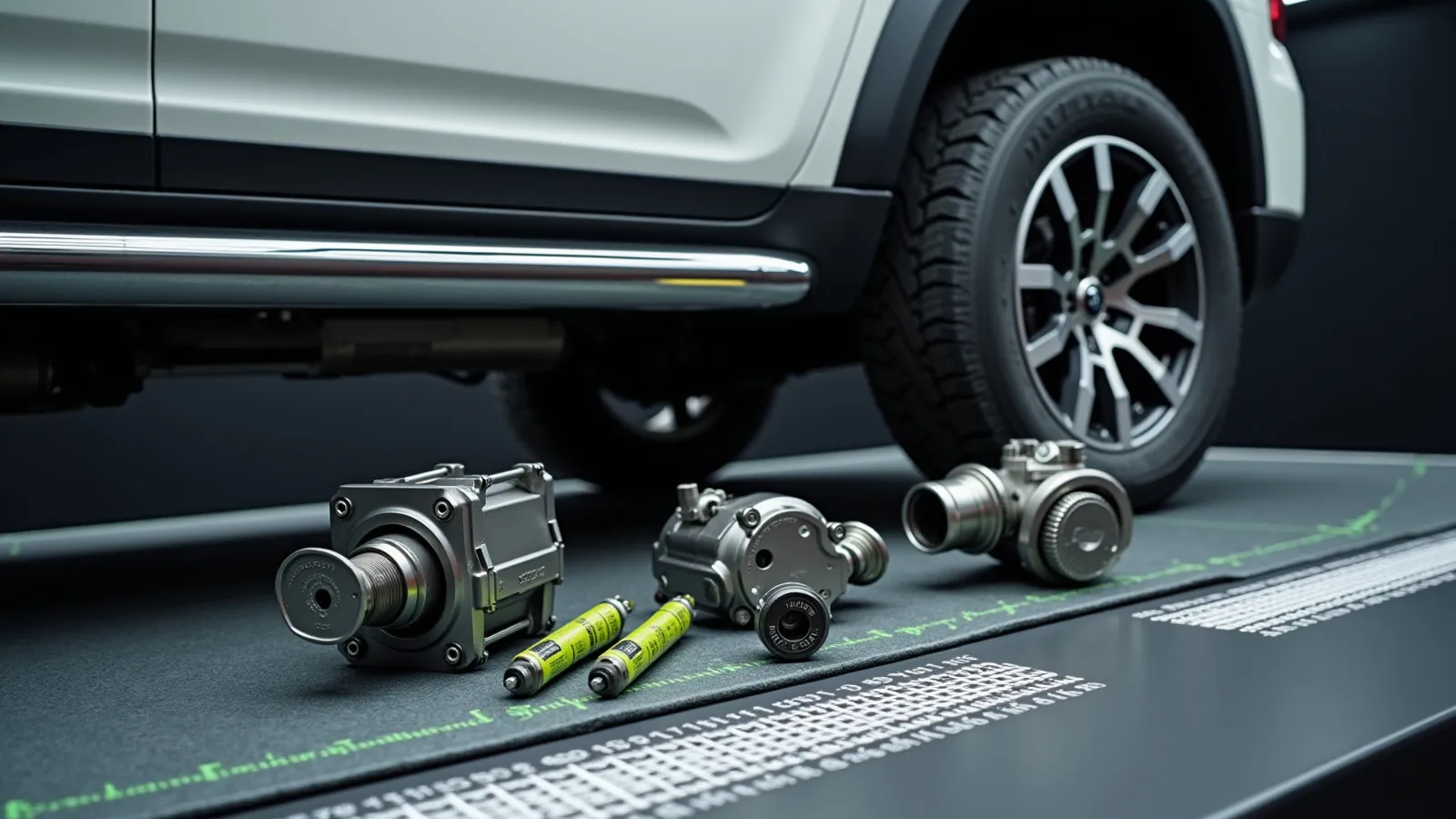 A stainless exhaust and performance coilovers staged on a cool steel bench beside a 4x4 rear wheel arch