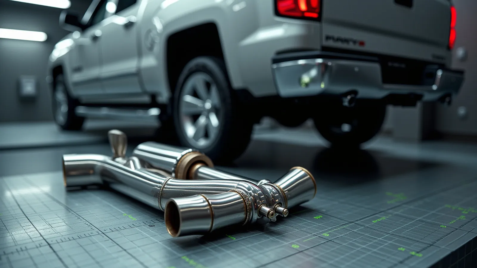 A stainless cat-back exhaust and tubular headers staged under a mid-size pickup rear
