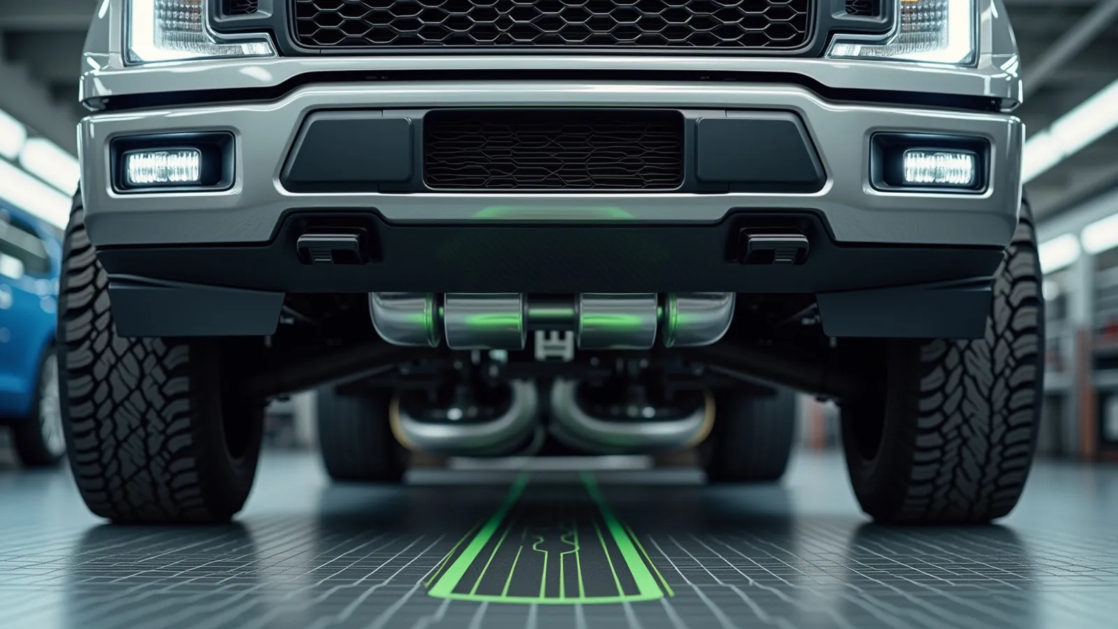 A dual stainless exhaust under the rear of a full-size pickup on cool steel dyno rollers