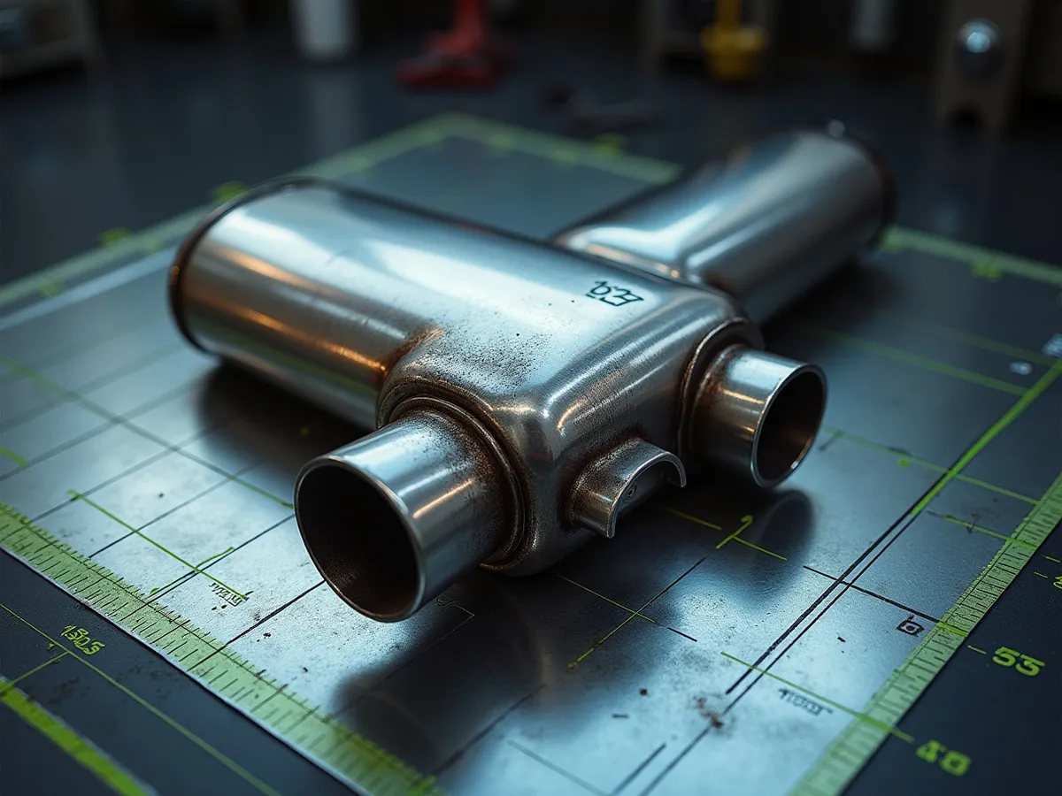 A chambered stainless performance muffler cut open on a steel dyno bench to show its internal baffle chambers