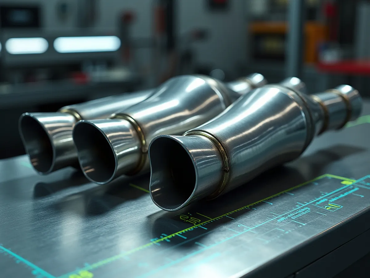 A row of aggressive chambered stainless mufflers with polished tips lined up on a cool steel bench