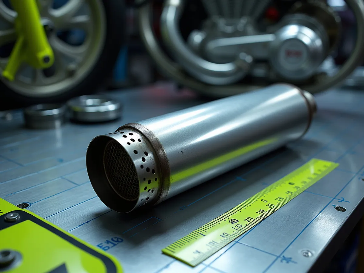 A short bullet-style race muffler with a perforated core lying on a cool steel dyno bench