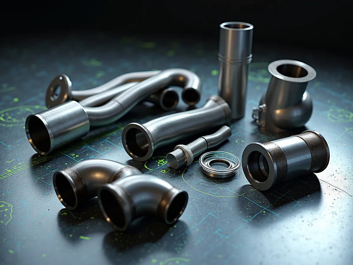 Performance 4x4 parts — tubular headers, a cold-air intake and a turbo pipe — on a cool steel bench