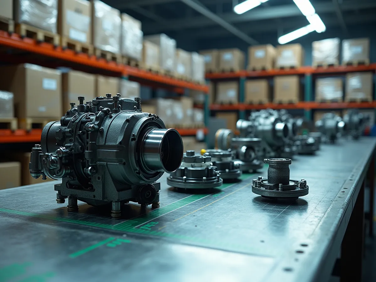 Palletised cartons of automotive parts stacked in a bright warehouse aisle with a forklift in the background