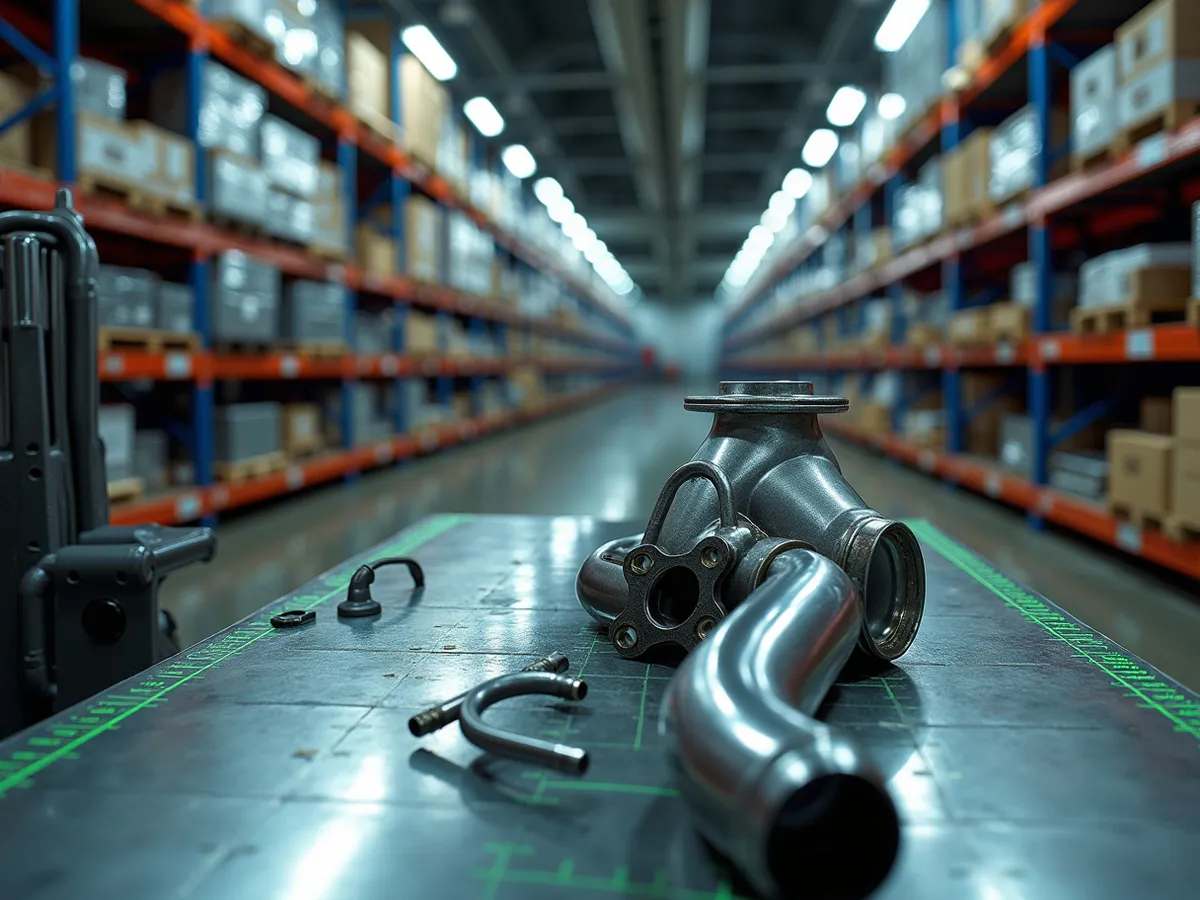 Warehouse racking filled with boxed exhaust systems and performance parts in a cool-lit distribution aisle