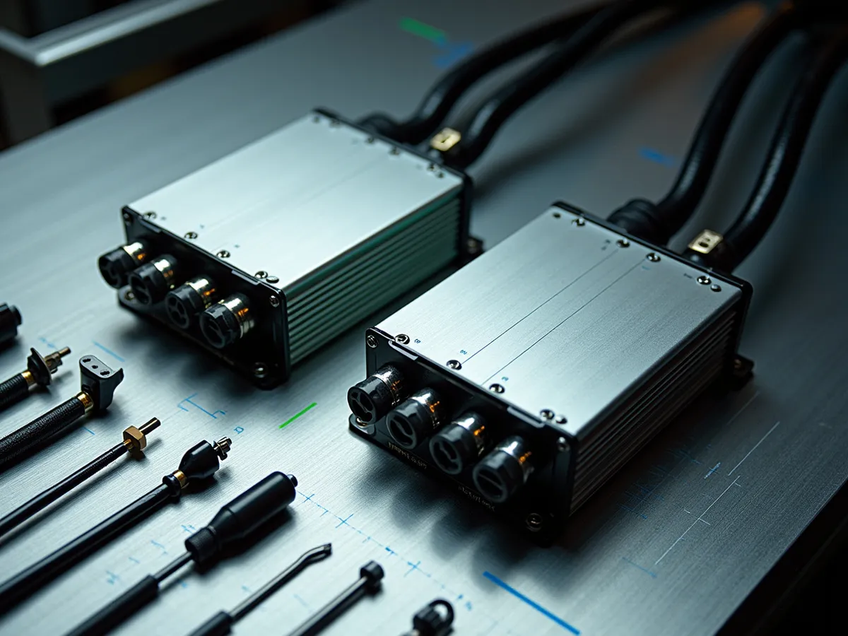 Two compact aluminum tuning piggyback modules and their wiring harnesses laid on a cool steel dyno bench