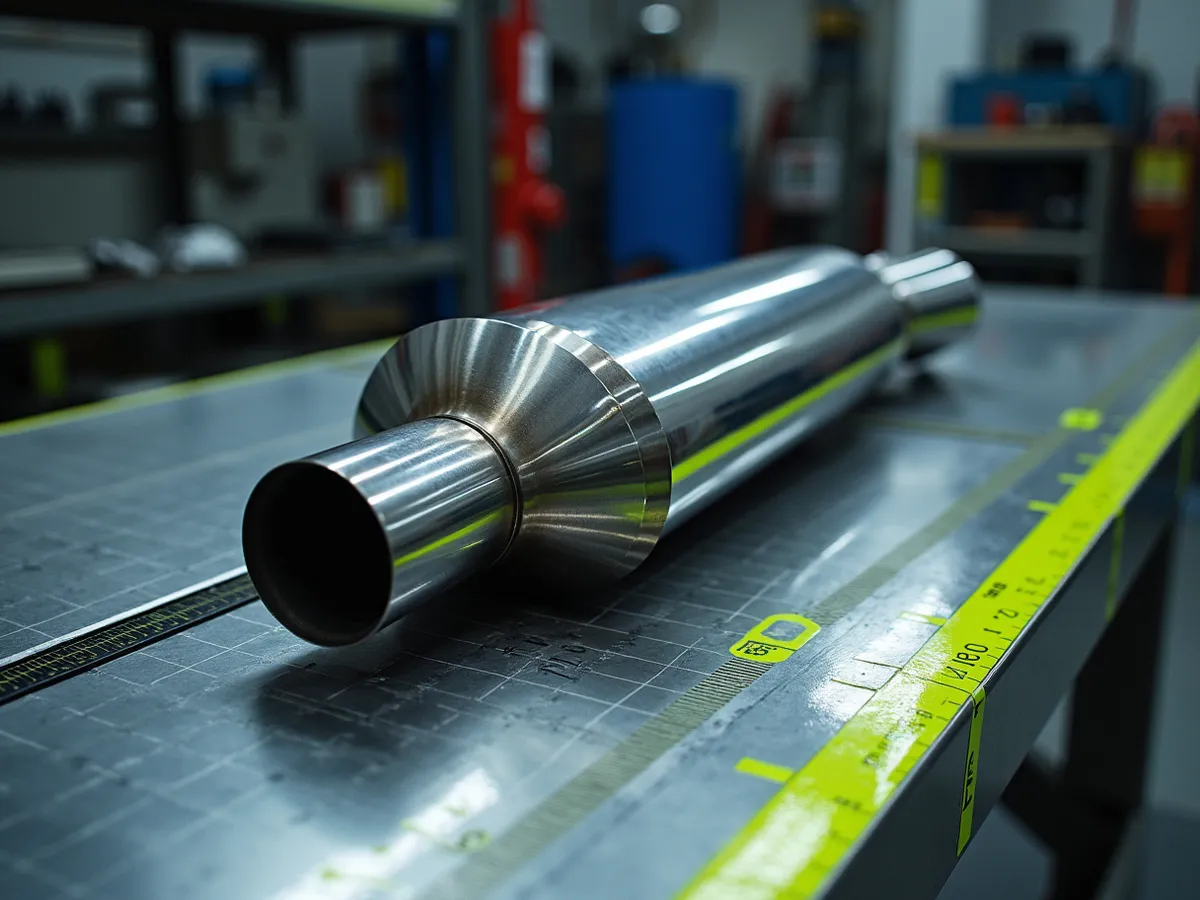 A long straight-through high-flow muffler with a mirror-polished body on a cool steel bench