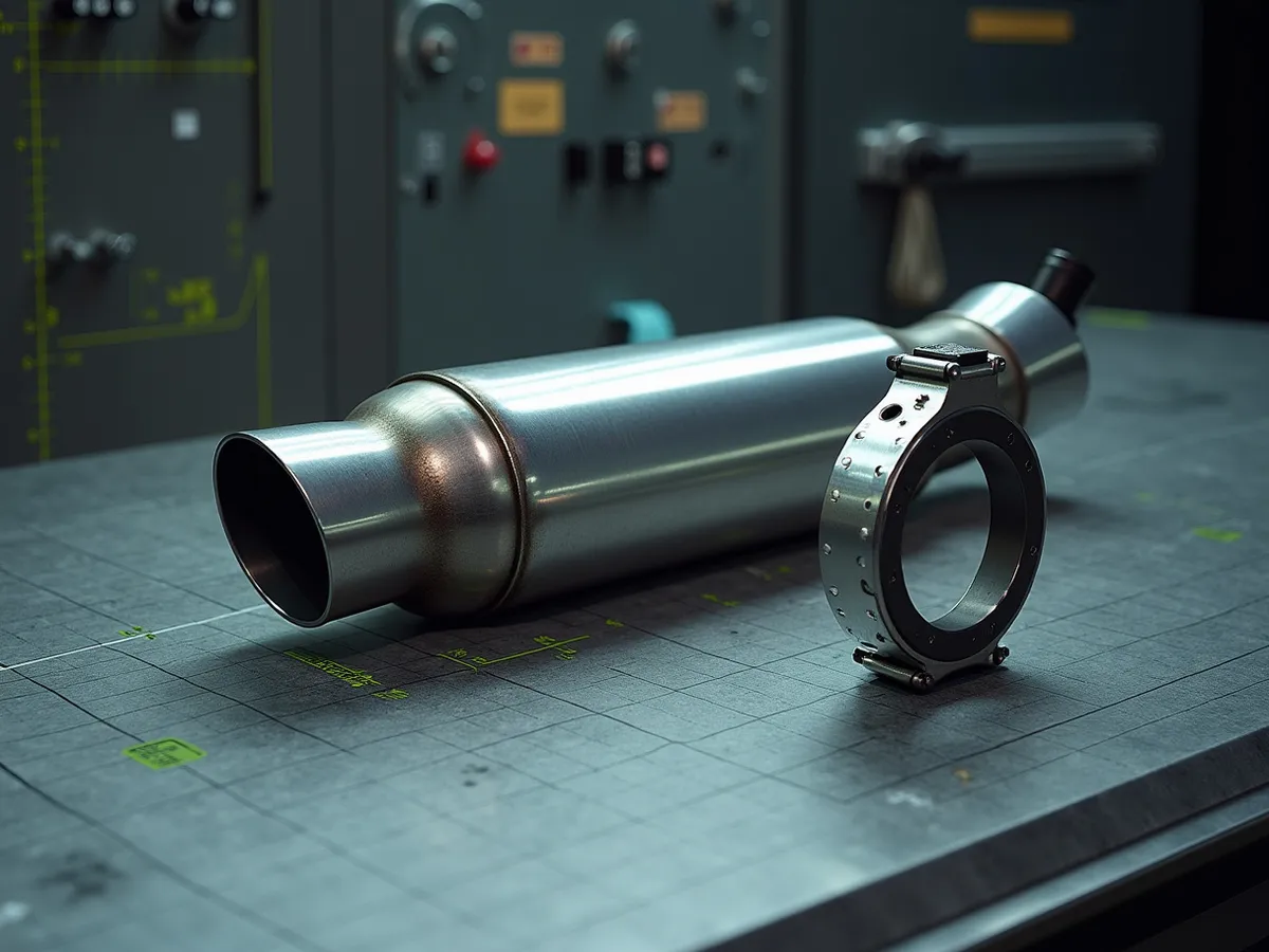 A round mirror-polished stainless straight-through muffler standing on a cool steel dyno bench