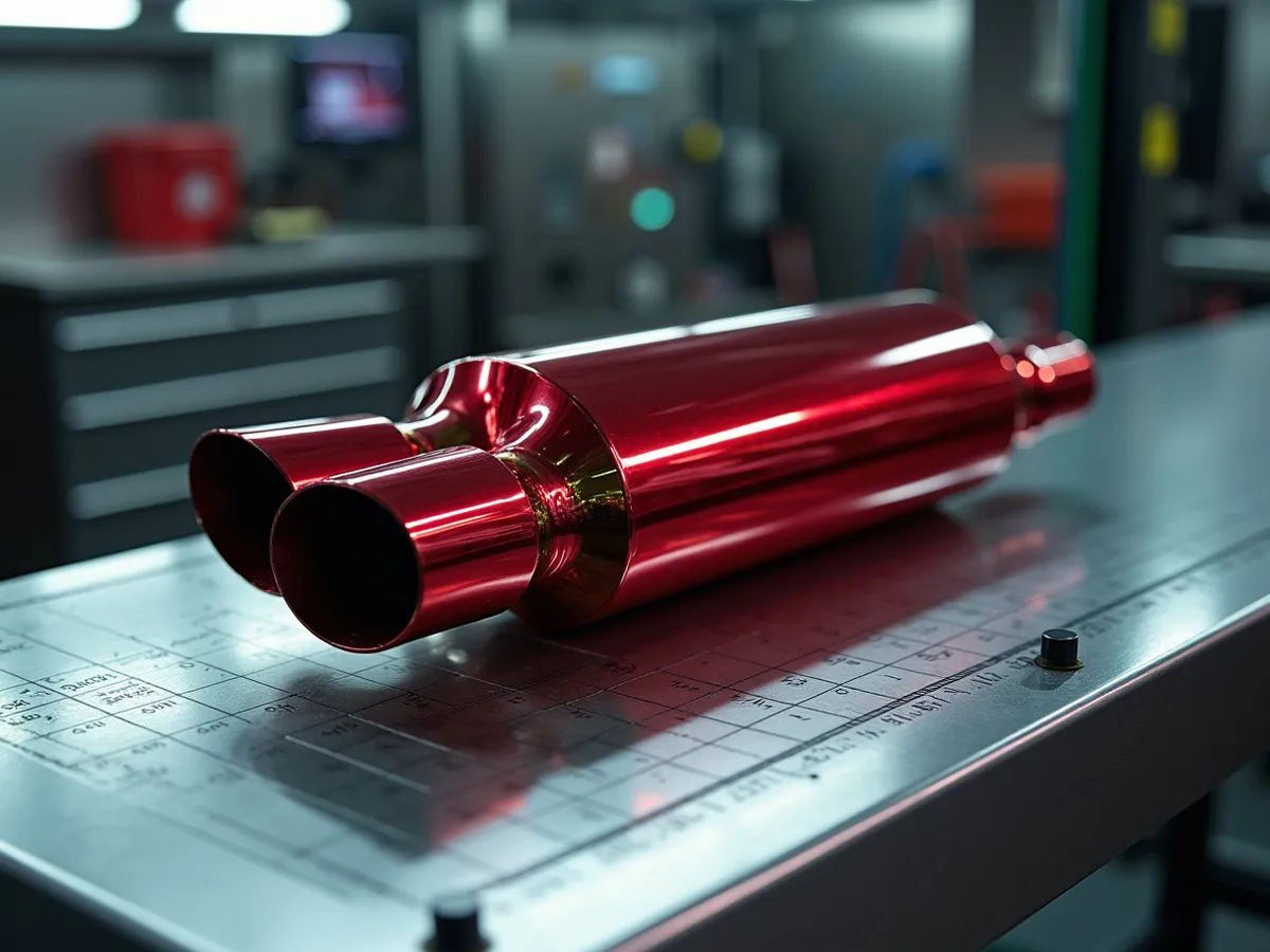 A red-painted glasspack cherry-bomb style muffler with a flared inlet on a cool steel dyno bench