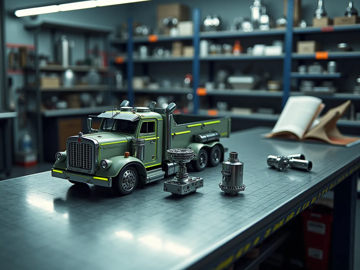 A truck parts counter with exhaust components and performance parts on the shelves behind it
