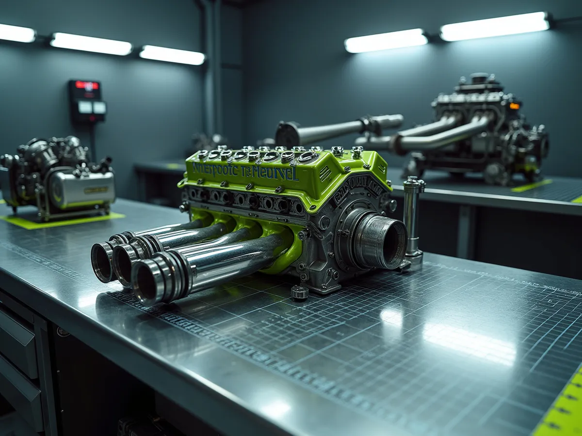 A performance engine on a dyno stand with tubular headers and an open exhaust in a cool dyno cell