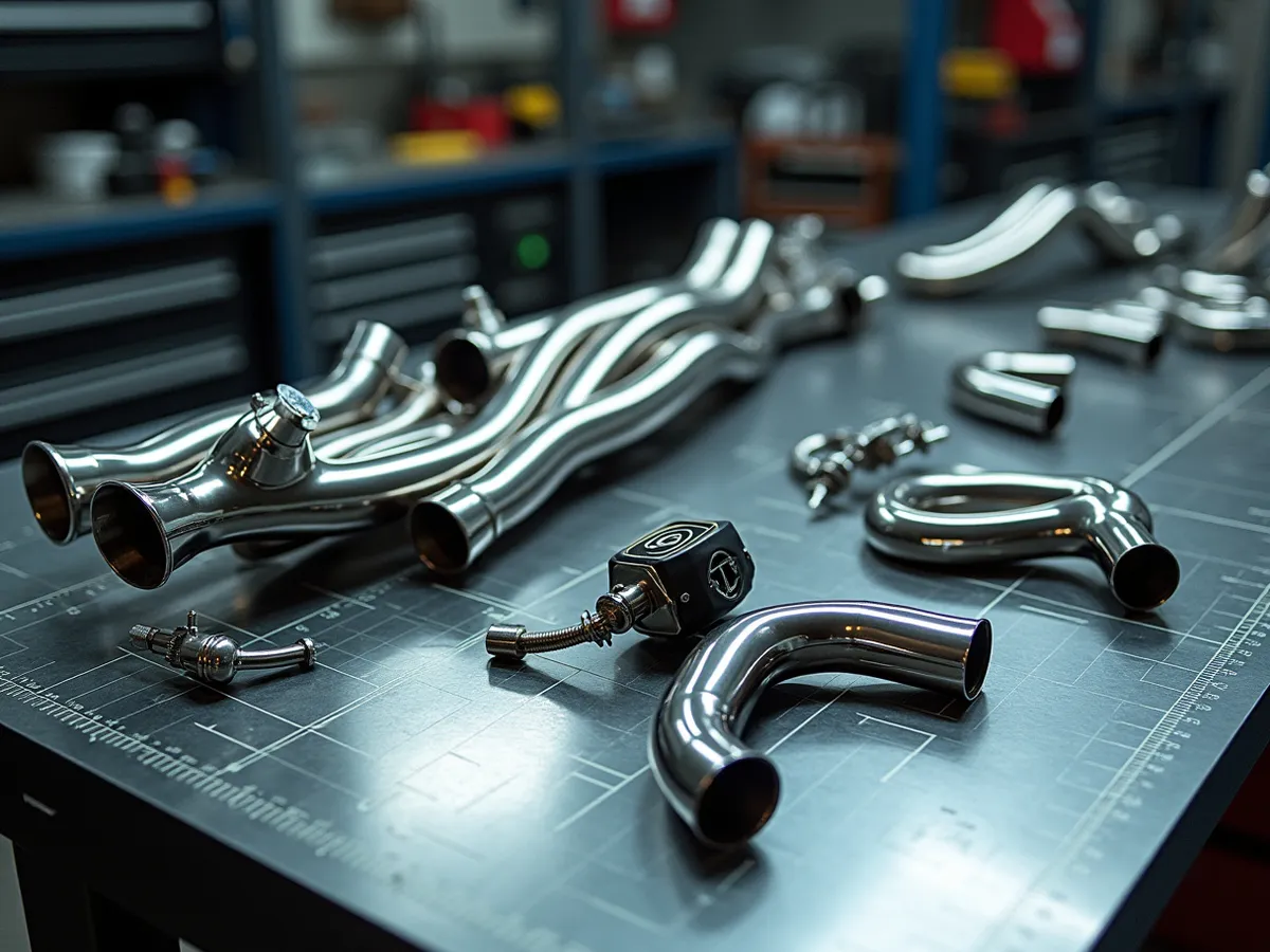 A performance shop workbench with tubular headers, a tuner module and exhaust pipe bends laid out