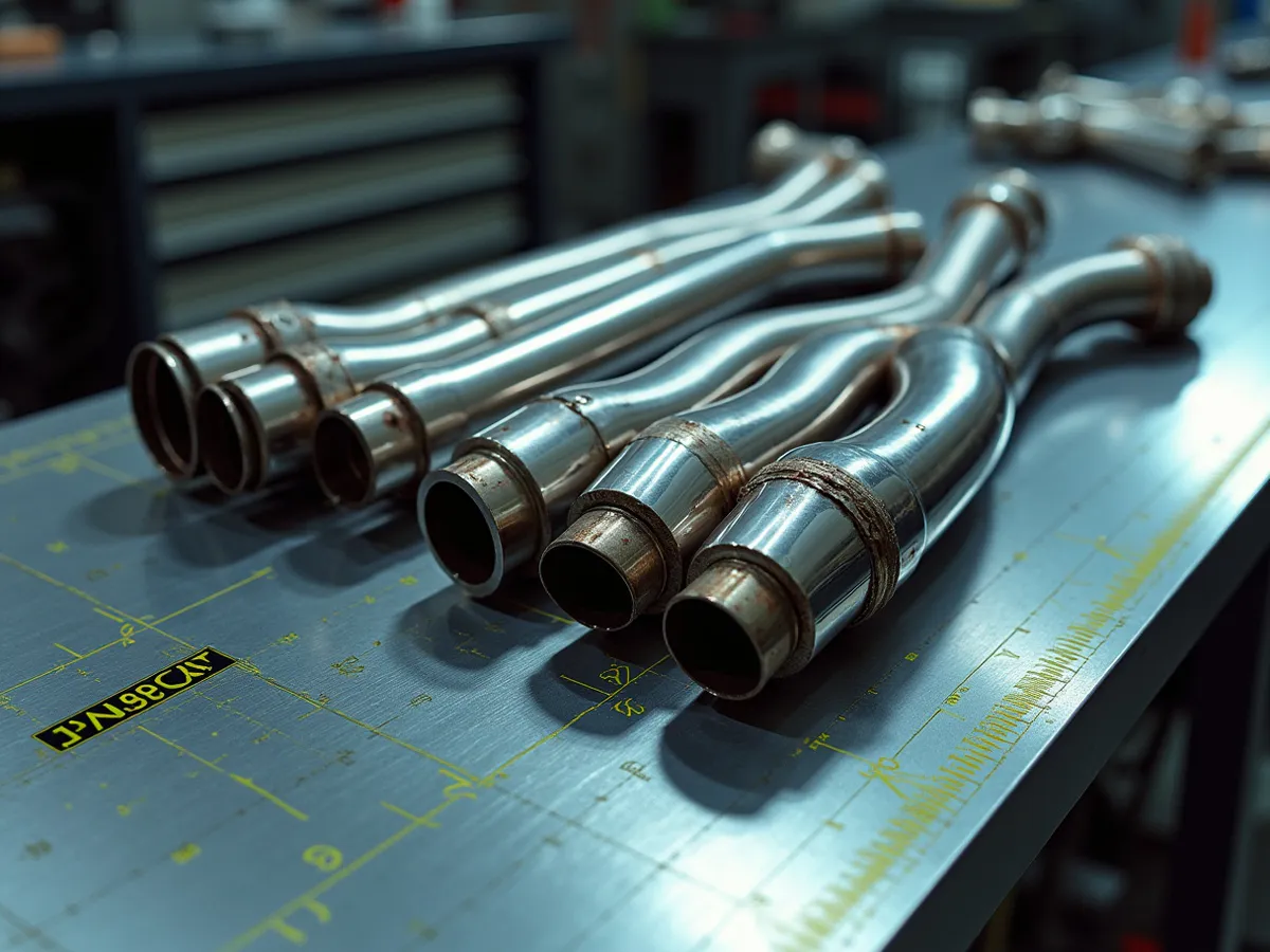 An array of stainless and chrome-look exhaust tips in different profiles laid out on a cool steel bench