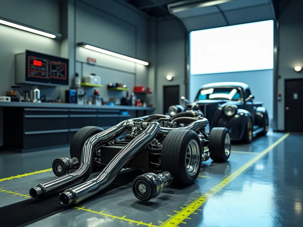 A service counter with stainless exhaust components staged near the open bay door of a cool-toned parts bay