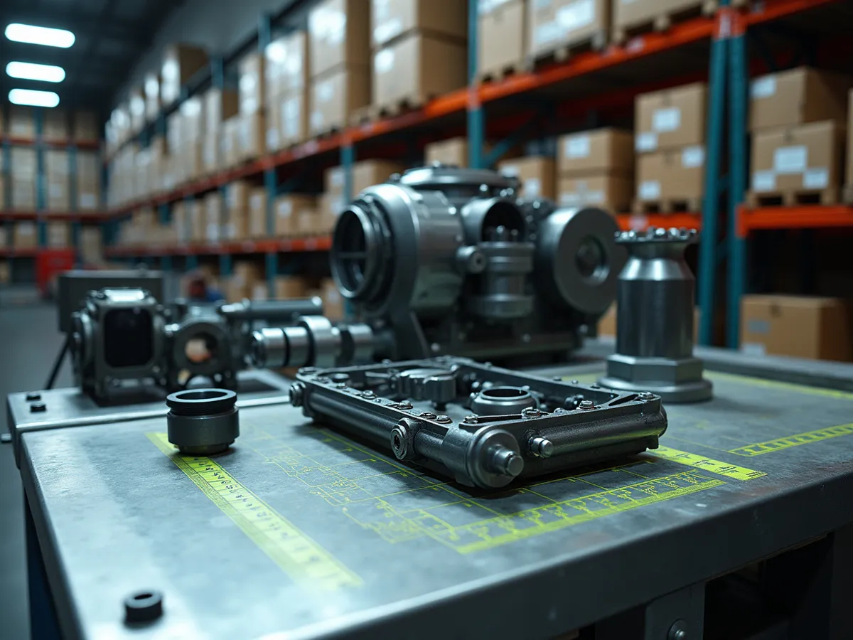 A warehouse aisle of off-road parts — shocks, skid plates and recovery gear in boxes on the racking