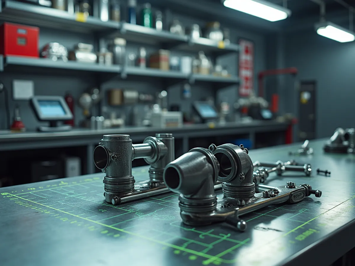 A bright truck parts counter with exhaust components and performance parts on the shelves behind it